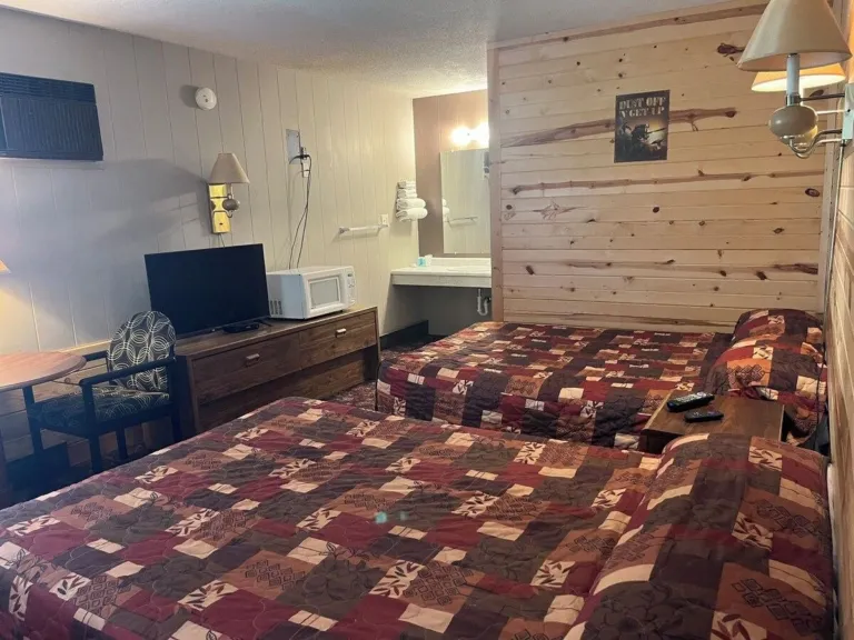 Standard Double Room with two beds, TV, dresser, chair and vanity sink