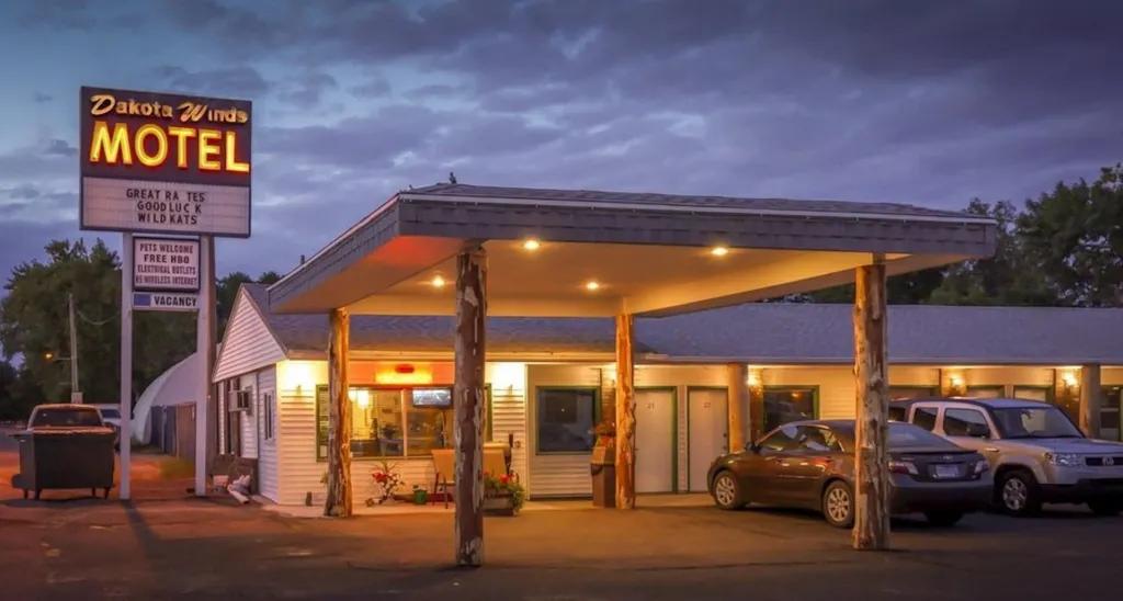 Dakota Winds Motel at dusk with its lit roadside MOTEL sign on Main Street in Kimball, South Dakota